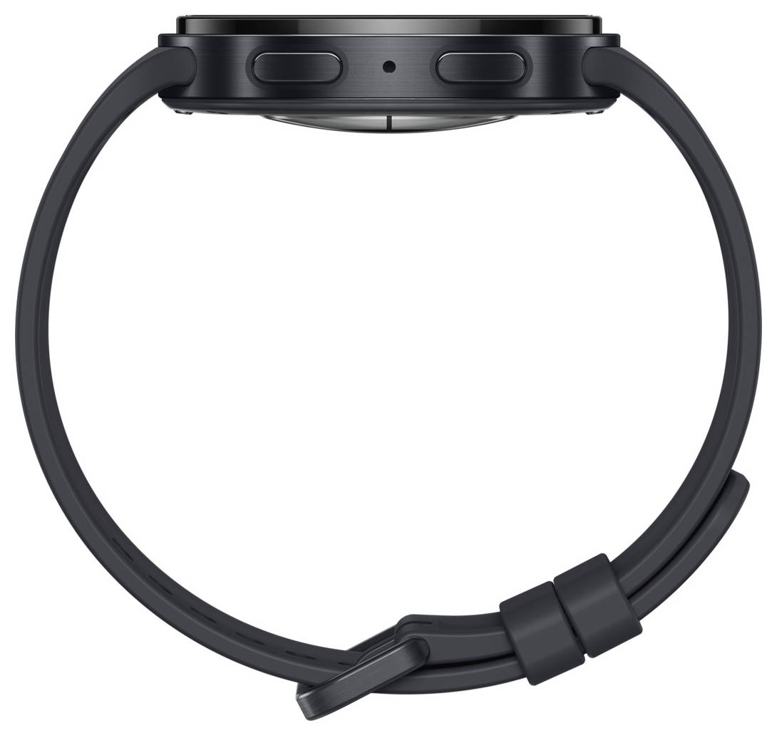Schwarze Smartwatch in Seitenansicht mit rundem Gehäuse und schwarzem Silikonarmband auf weißem Hintergrund.