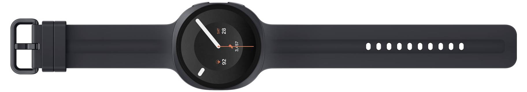 Schwarze Smartwatch mit rundem Analog-Digital-Display und schwarzem Armband, im Profil vor weißem Hintergrund dargestellt.