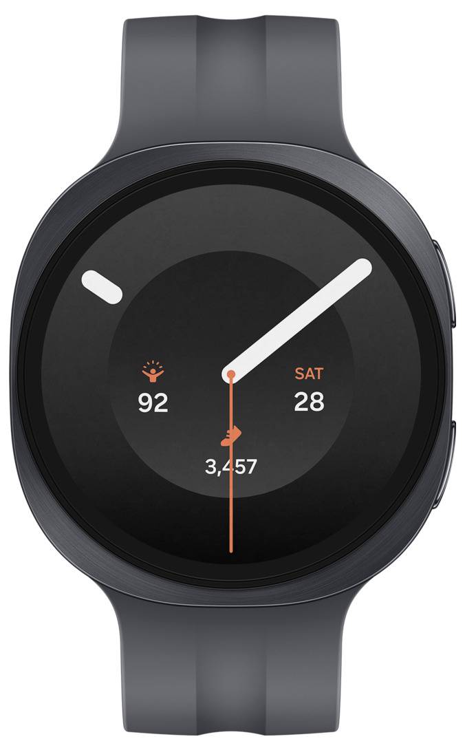 Schwarze runde Smartwatch mit analogem Ziffernblatt und orangefarbenen Akzenten, Schrittanzahl 3.457, Herzfrequenz 92 und Datum SAM 28.