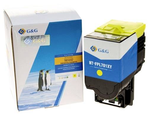 G&G Druckertonerkassette neben ihrer Einzelhandelsverpackung, gekennzeichnet mit NT-FPL701XY.