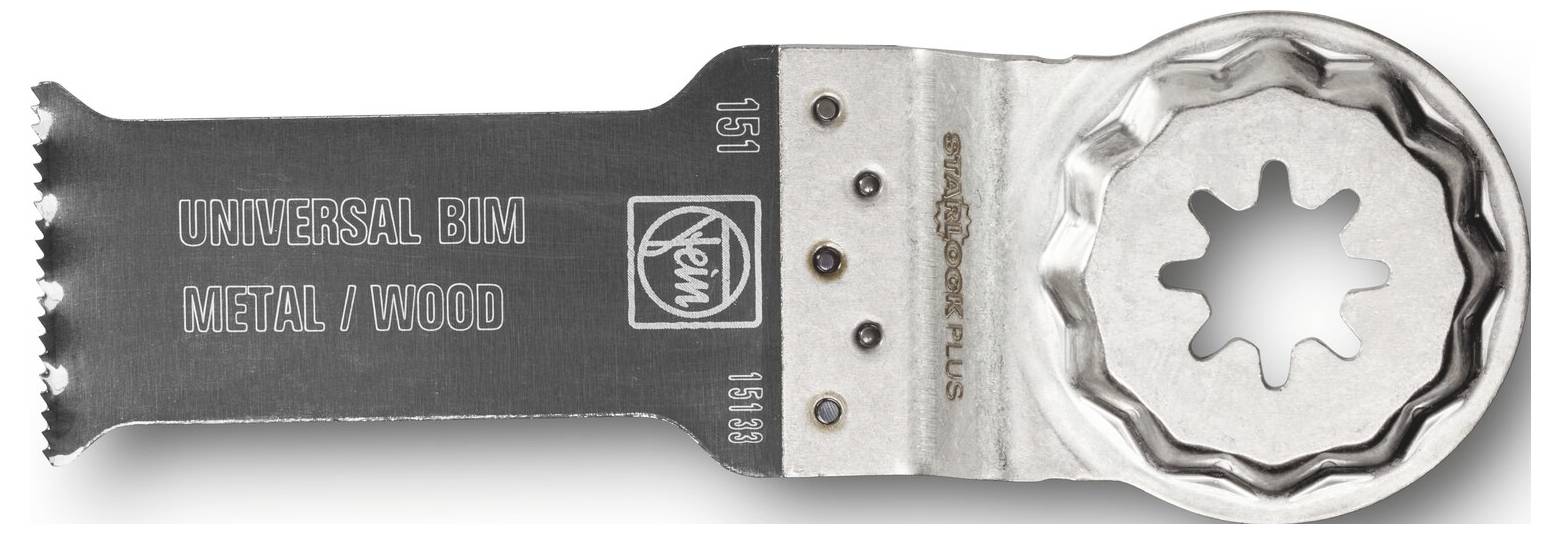 Nahaufnahme eines FEIN Universal BIM Metall-/Holz-Oszillationssägeblatts mit rundem Multi-Tool-Befestigungskopf.