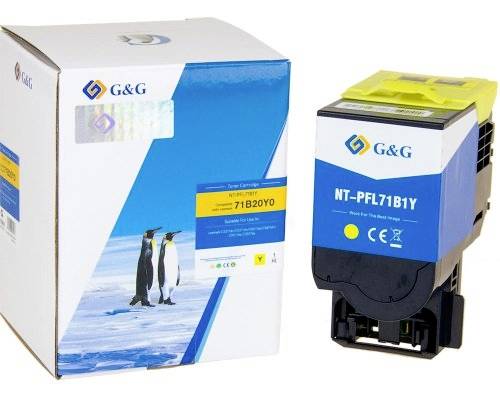 G&G Drucktonerpatrone mit Originalverpackung, gekennzeichnet mit NT-PFL71B1Y, abgebildet neben Verpackung mit Pinguinen und blau-gelbem Branding.
