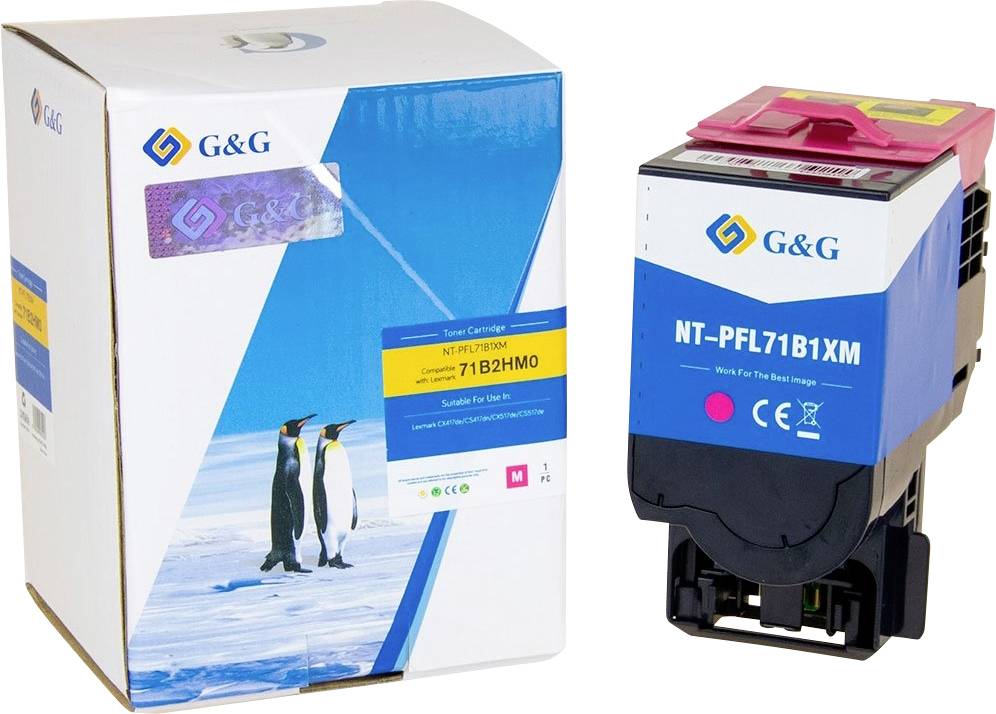 G&G-Druckerpatrone in blau-weißer Verpackung, gekennzeichnet mit 'NT-PFL71B1XM' und '71B2HM0', neben der Patroneneinheit gezeigt.