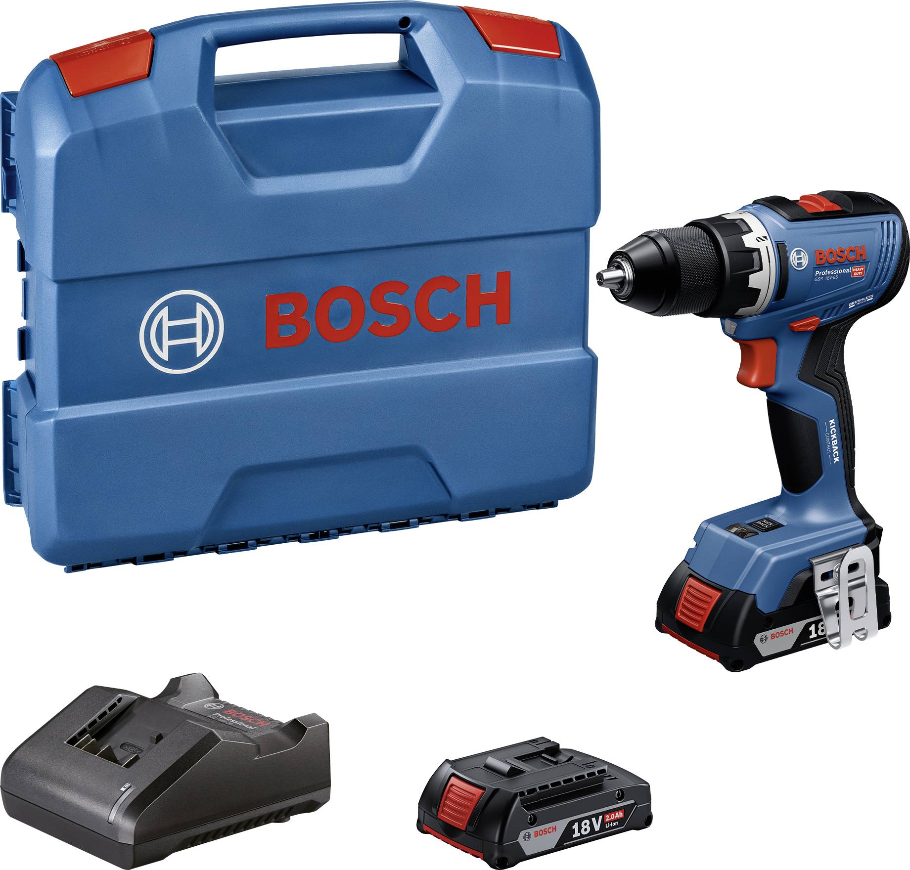 Bosch Akku-Bohrerset mit Transportkoffer, Bohrmaschine, Batterie-Ladegerät und 18V-Akku auf weißem Hintergrund.