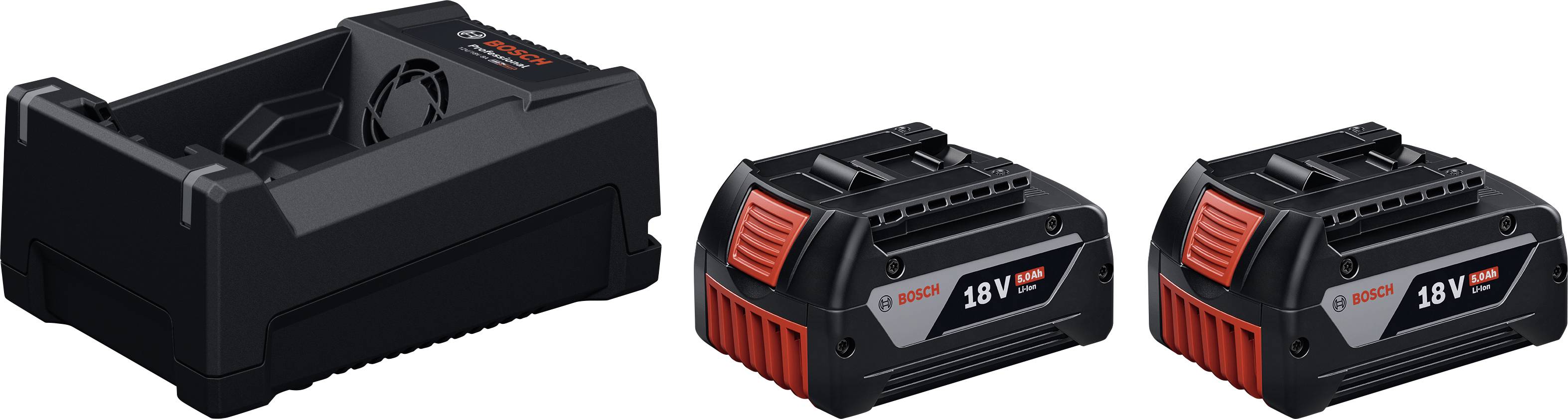 Schwarze Batterieladegeräte-Basis mit zwei 18-V-Batteriepacks, eines in der Mitte und eines auf der rechten Seite.
