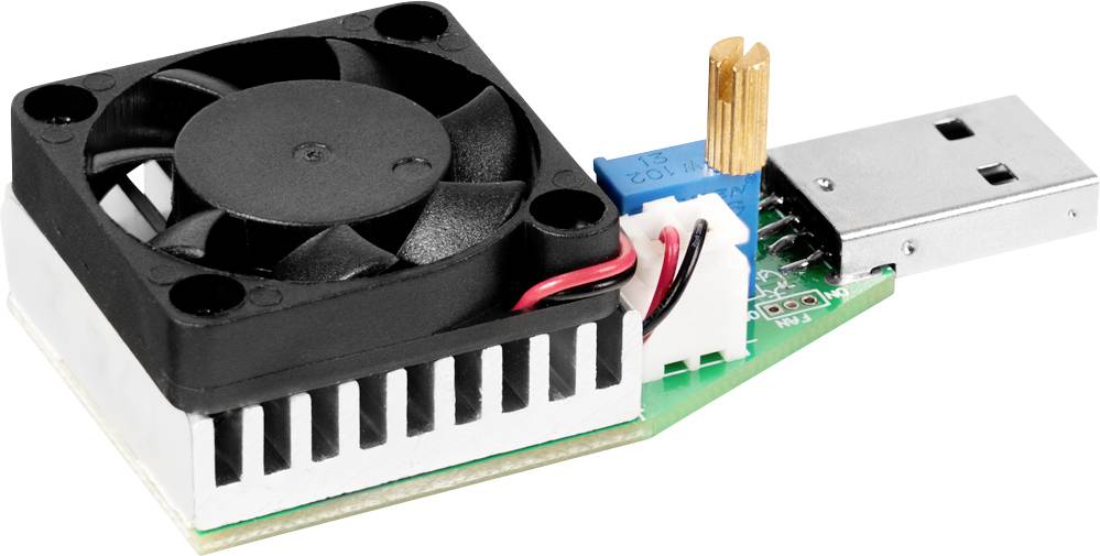 Kleines USB-Elektronik-Kühlgerät mit Lüfter, Kühlkörper und Leiterplatte angeschlossen an einen USB-Stecker.