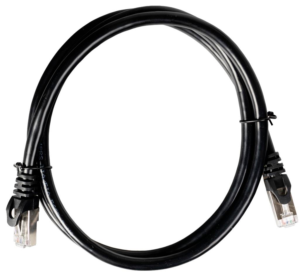 Schwarzes Ethernet-Kabel in einer Schleife aufgerollt, mit RJ45-Steckern an beiden Enden.