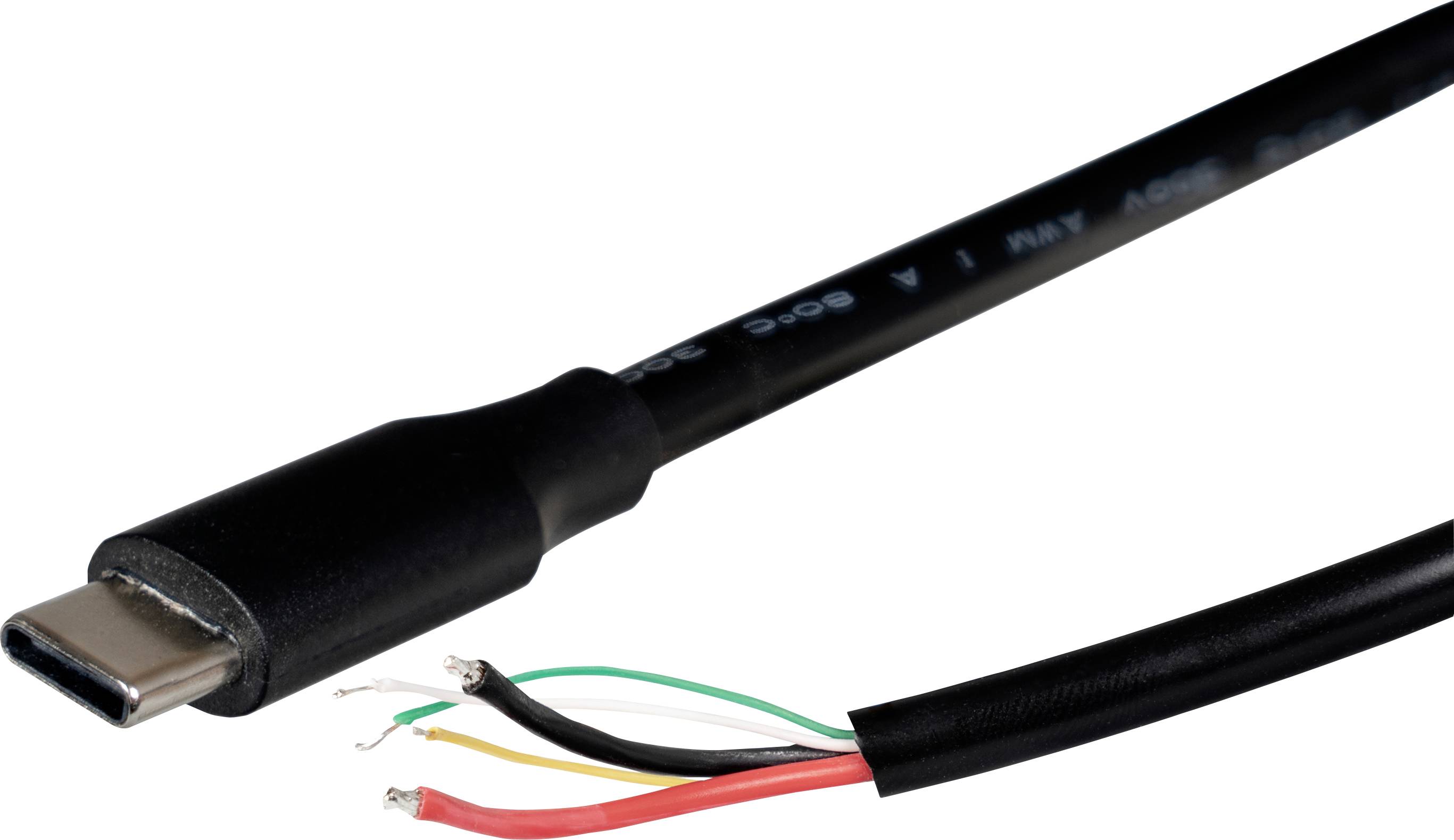 USB-C-Kabel mit freiliegendem Ende, das rote, schwarze, grüne und weiße Drähte für Verdrahtung oder Reparatur zeigt.