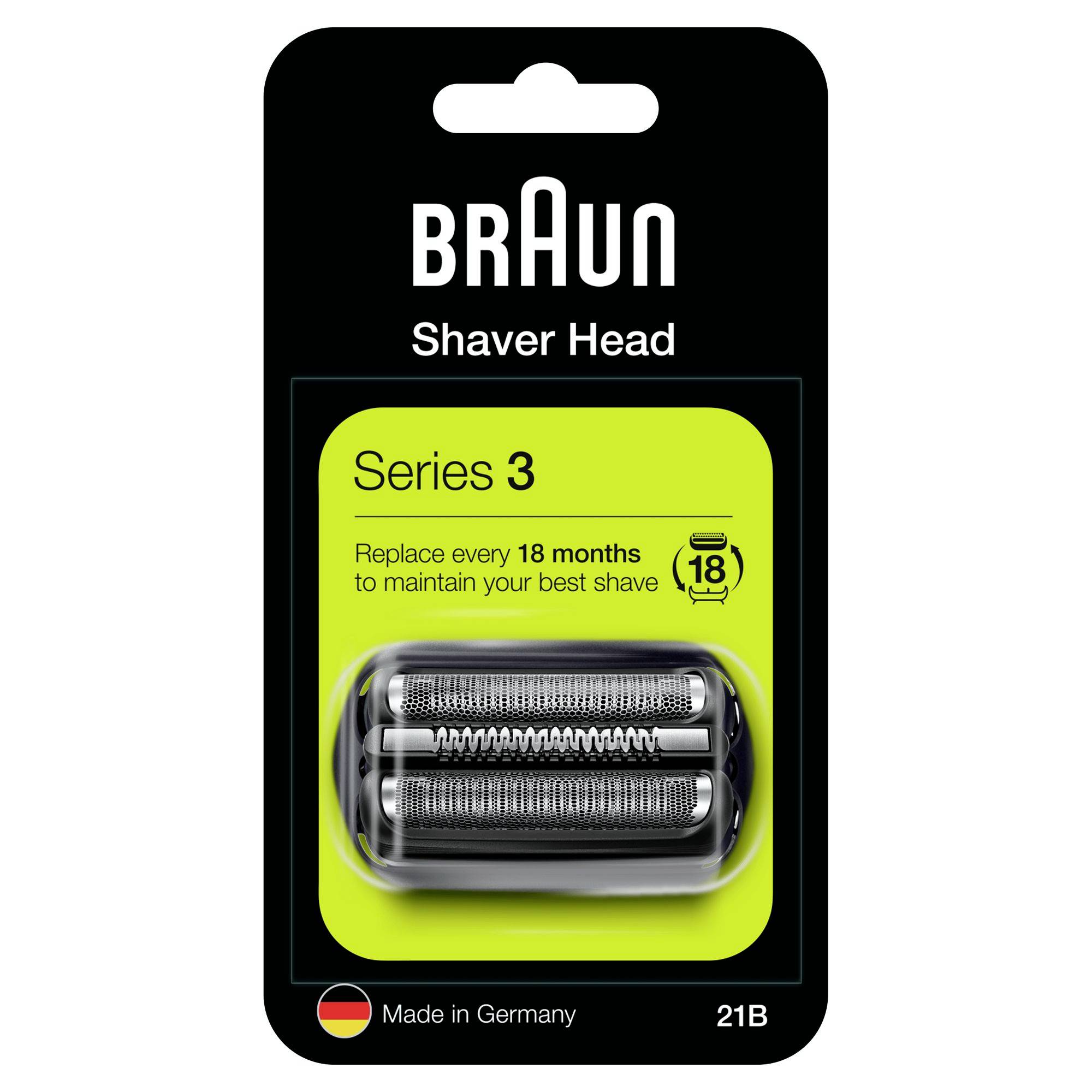 Braun Series 3 Scherkopf-Ersatzpaket, mit 'Alle 18 Monate wechseln' und Modell 21B, hergestellt in Deutschland.