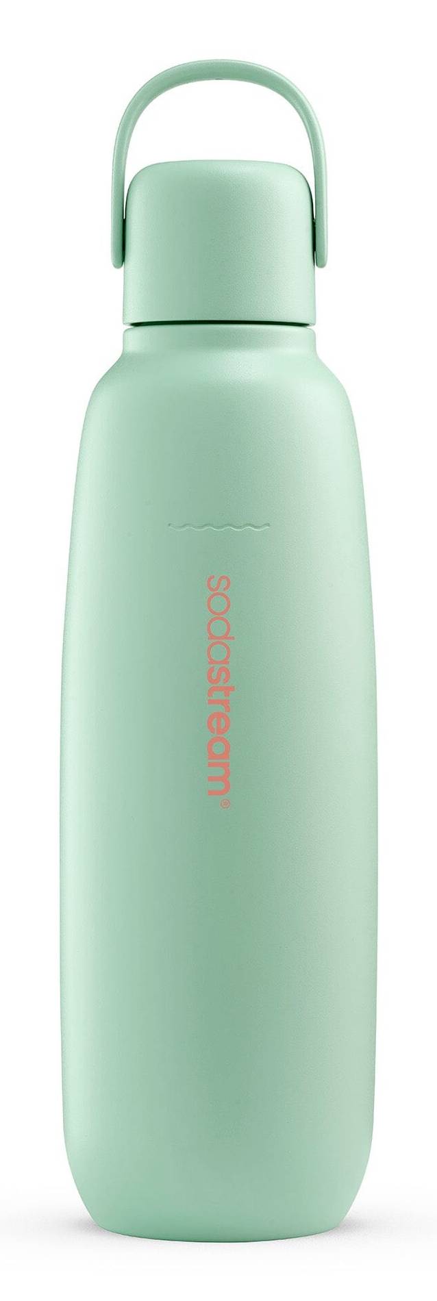 Mintgrüne isolierte Wasserflasche mit Griff und korallenfarbenem „SodaStream