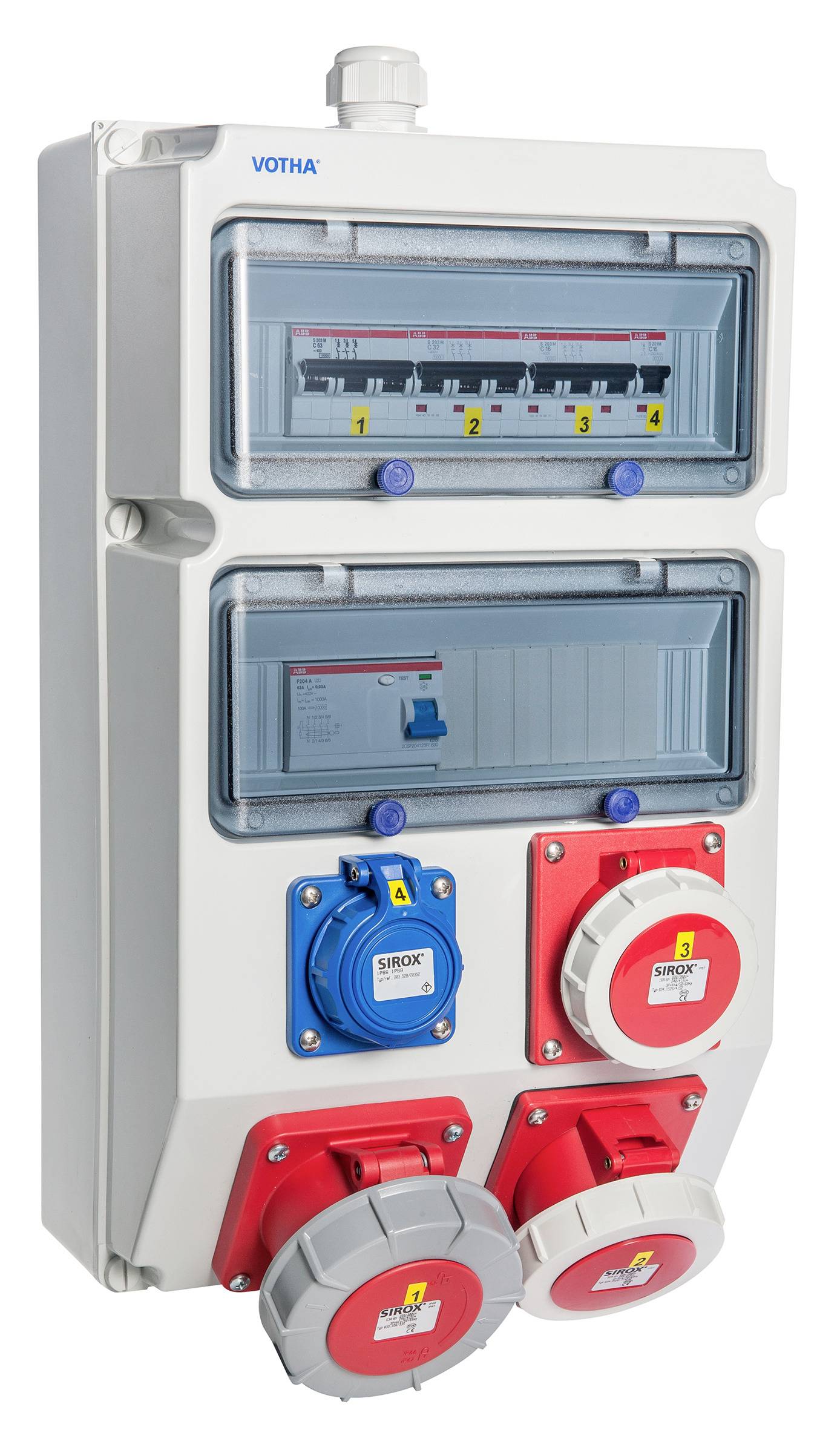 Industrielles Stromverteilerpanel mit zwei Schutzschaltern hinter durchsichtigen Abdeckungen und mehreren roten und blauen Stromsteckdosen an der Vorderseite.