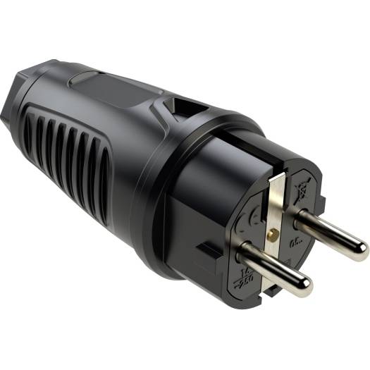 Schwarzer zweipoliger Elektrostecker-Adapter mit abgerundetem Gehäuse und belüftetem Griff, auf weißem Hintergrund gezeigt.