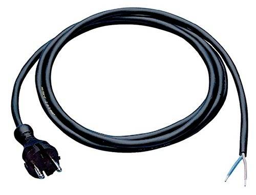 Schwarzes Stromkabel mit Stecker auf einer Seite und abisolierten Drahtleitern auf der anderen Seite, aufgerollt auf weißem Hintergrund.