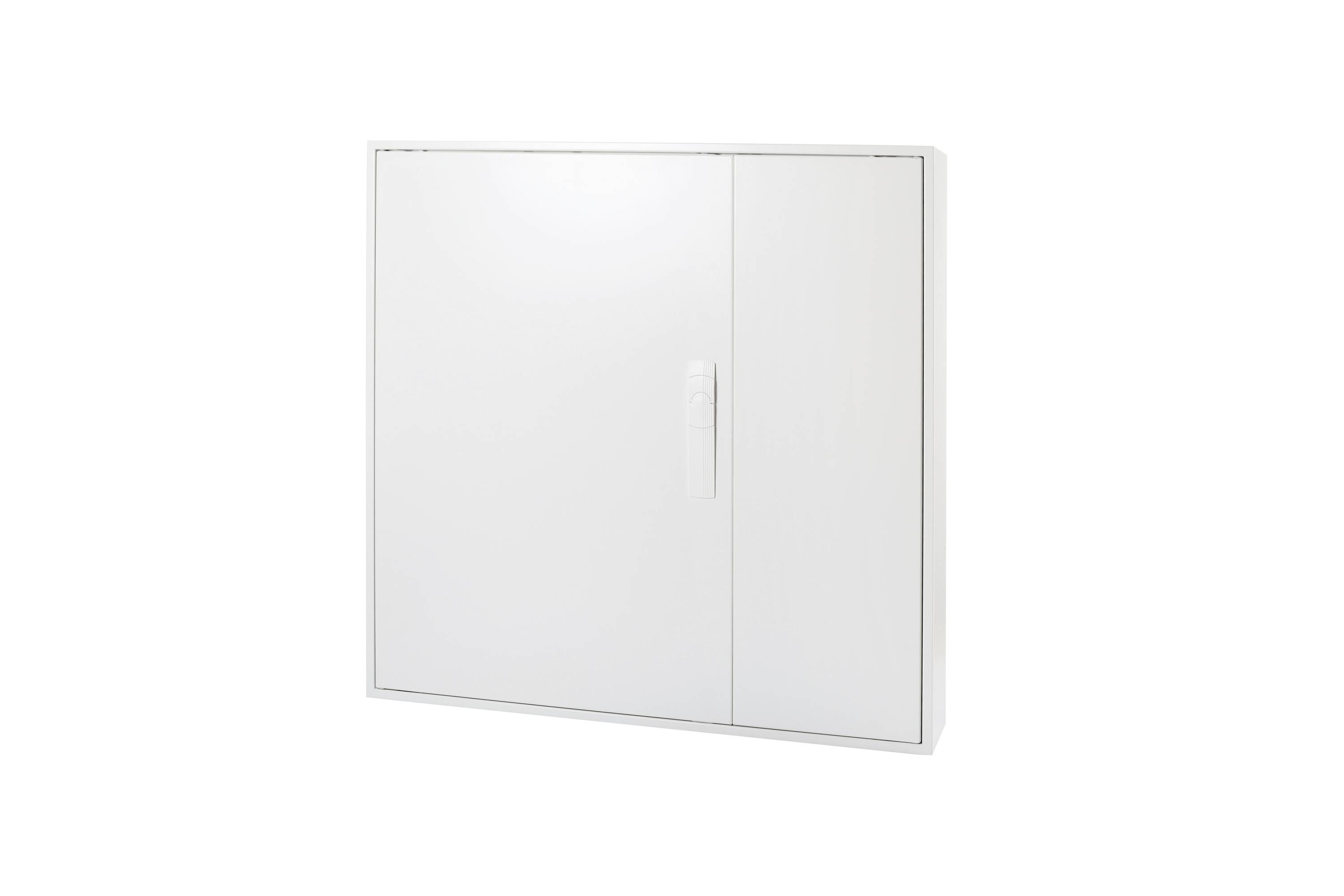 Weißes Wandschrank mit zwei Türen und zentriertem vertikalem Griff, gezeigt vor einem einfachen weißen Hintergrund.