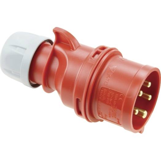 Roter Industrie-Stromstecker mit grauer Schutzkappe, dargestellt auf weißem Hintergrund.