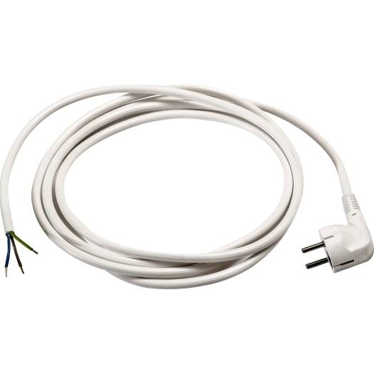 Aufgerolltes weißes elektrisches Stromkabel mit freiliegenden Drahtenden auf der einen Seite und einem zweipoligen Stecker auf der anderen Seite.