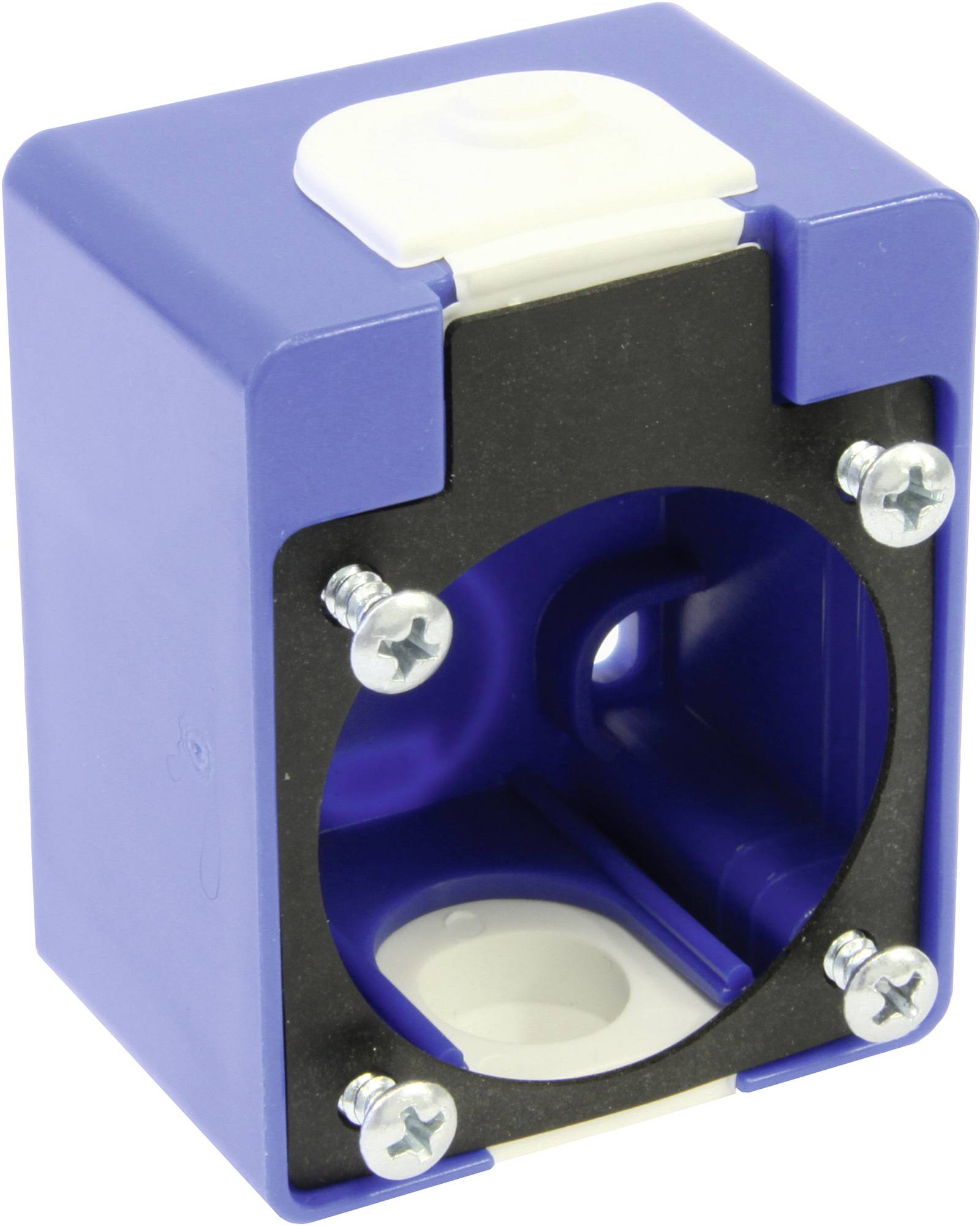 Violette elektrische Ausgangsbox mit schwarzer Frontplatte, weißer Abdeckung und sichtbaren Schraubenbefestigungen auf weißem Hintergrund.