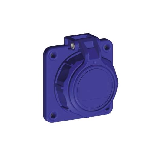 Violette industrielle Elektrosteckdose oder Stecker an der Wand, Vorderansicht, quadratisches Gehäuse mit einer runden Schutzkappe.
