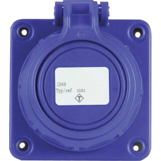 Violetter industrieller elektrischer Stecker-/Steckdosenschutz mit vier Befestigungslöchern und einem Etikett mit der Aufschrift „IP68" und „Typ/ref. 20352".