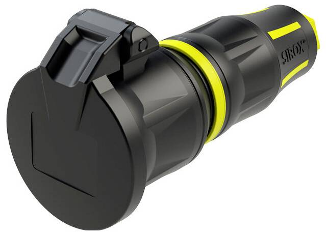 Schwarz-gelber Stecker für Industriestrom mit Schutzkappe, auf weißem Hintergrund abgebildet.