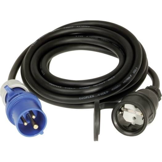 Aufgerolltes schwarzes Stromkabel mit blauem dreipoligem Stecker auf einer Seite und schwarzem Steckverbinder auf der anderen Seite.