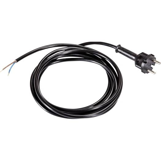 Schwarzes Stromkabel mit europäischem Stecker und abisolierten Drahtenden zum Festanschluss.