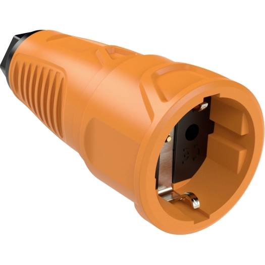 Orange-farbiger industrieller Stecker mit freiliegenden inneren Kontaktterminals, gezeigt auf weißem Hintergrund.