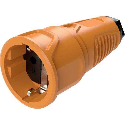 Orange-farbiger Industrie-Elektrostecker, gezeigt auf weißem Hintergrund, in einem Winkel positioniert, um die Steckdosenöffnung und die internen Kontakte zu enthüllen.