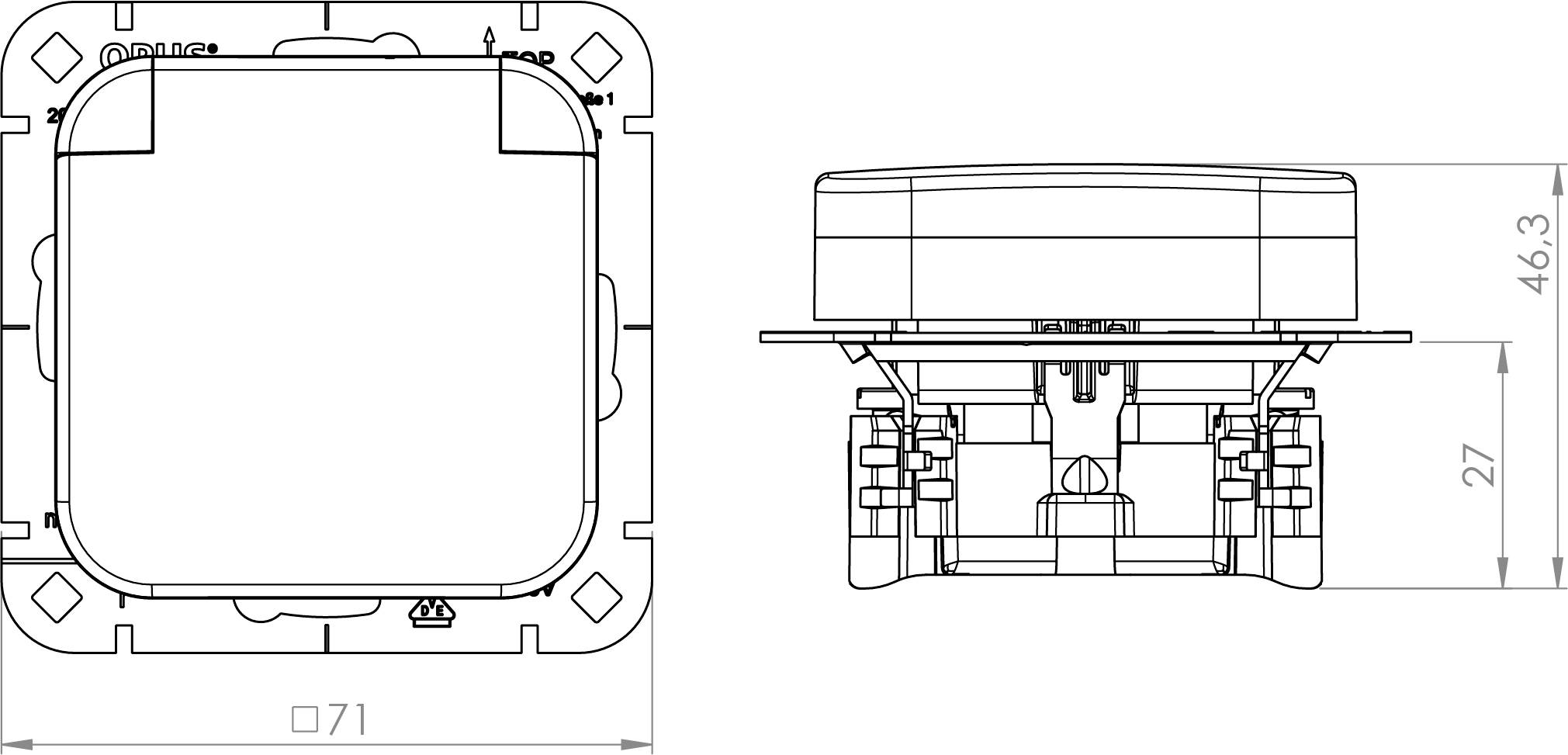 Technische Linienzeichnung eines quadratischen Deckengeräts dargestellt von oben und seitlich mit einer Breite von 71 mm und einer Höhe von 46,3 mm gekennzeichnet.