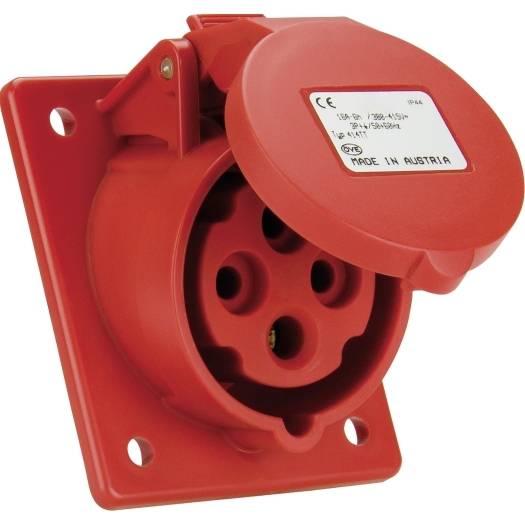 Rote industrielle elektrische Stromsteckdose mit aufklappbarem Deckel auf einer quadratischen Montageplatte, gekennzeichnet mit 
