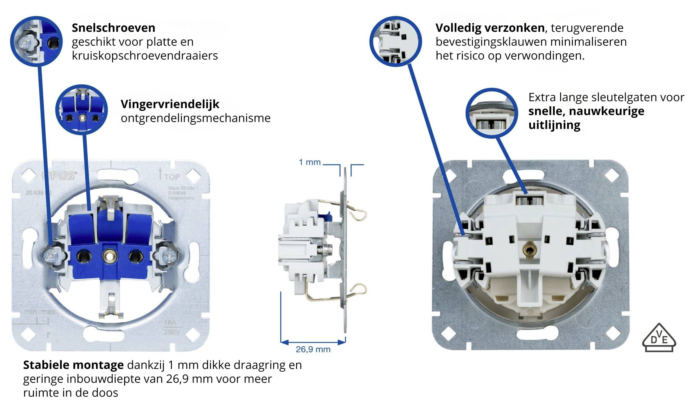 Vergleich der Merkmale eines Verdrahtungsgeräts: schraubenlos, fingergeschützter Anschluss, vollständig versenkte Verbindungen, extra lange Abisolierungseingabe und stabile 1 mm dicke Montageplatte mit 26,9 mm Einbautiefe.