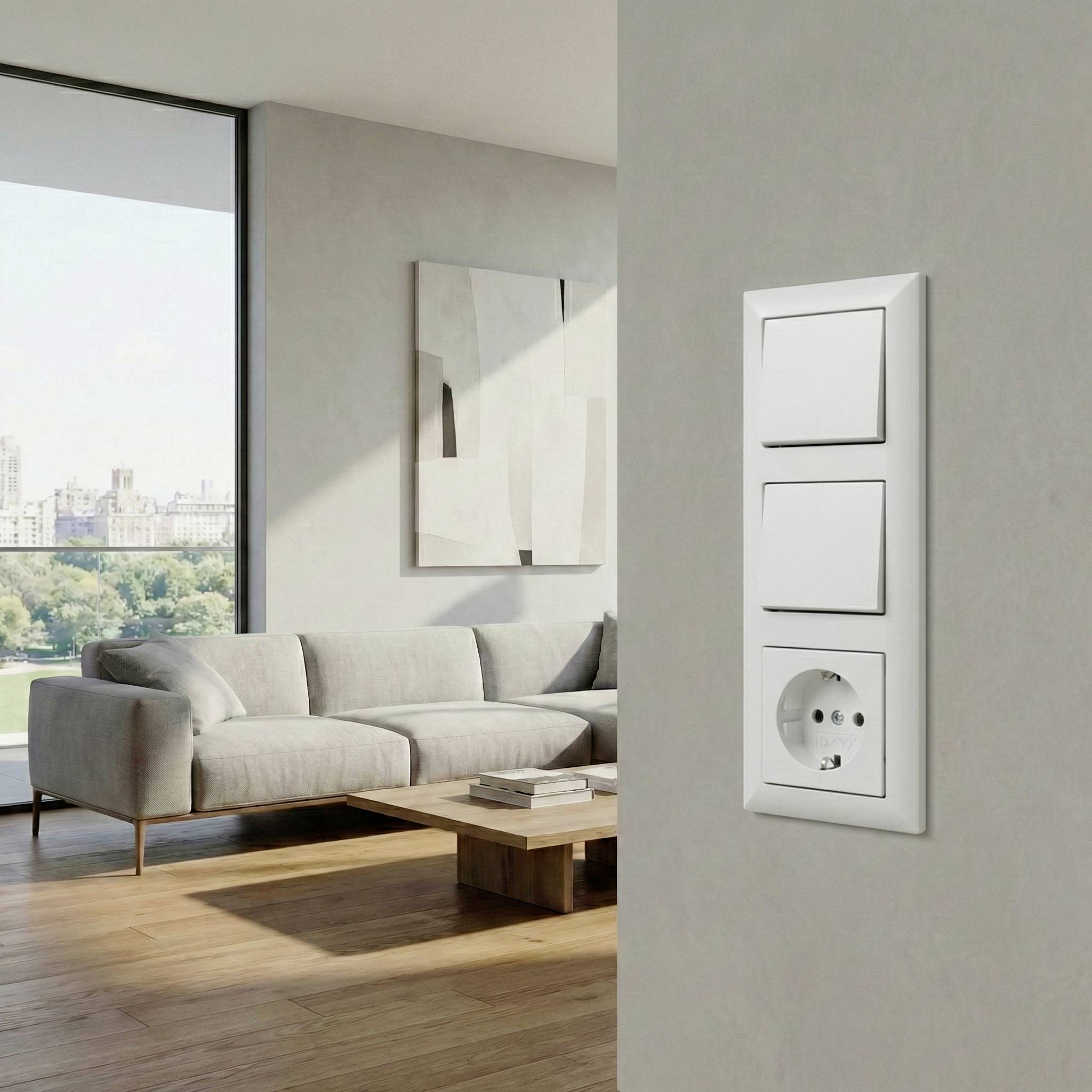 Modernes Wohnzimmer mit wandmontierten Schaltern und Steckdosen im Vordergrund, neben einem Sofa, einem Couchtisch und einem großen Fenster mit Blick auf die Stadt.