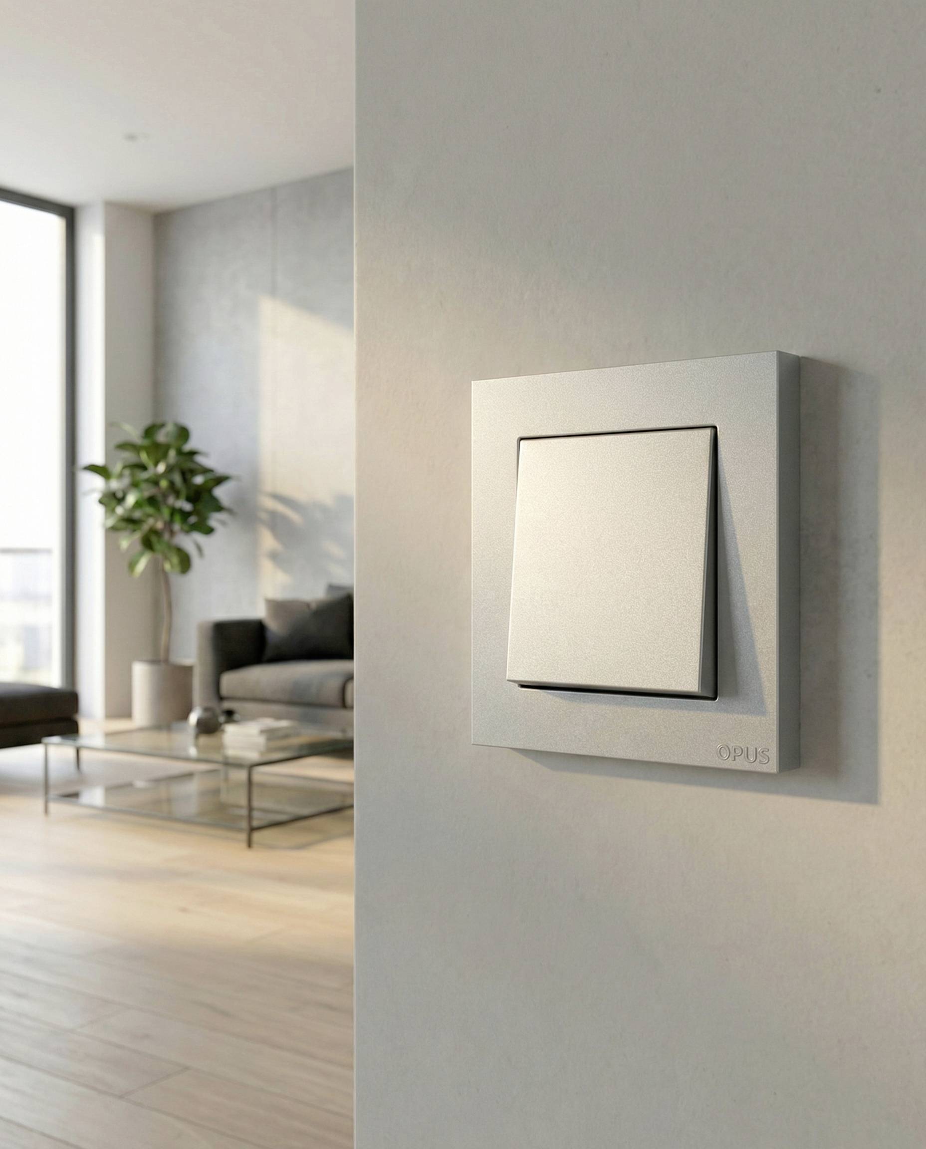 Moderner Wandlichtschalter in einem minimalistischen Wohnzimmer, mit einer quadratischen weißen Blende auf einer hellen Wand und hellem, luftigem Interieur im Hintergrund.