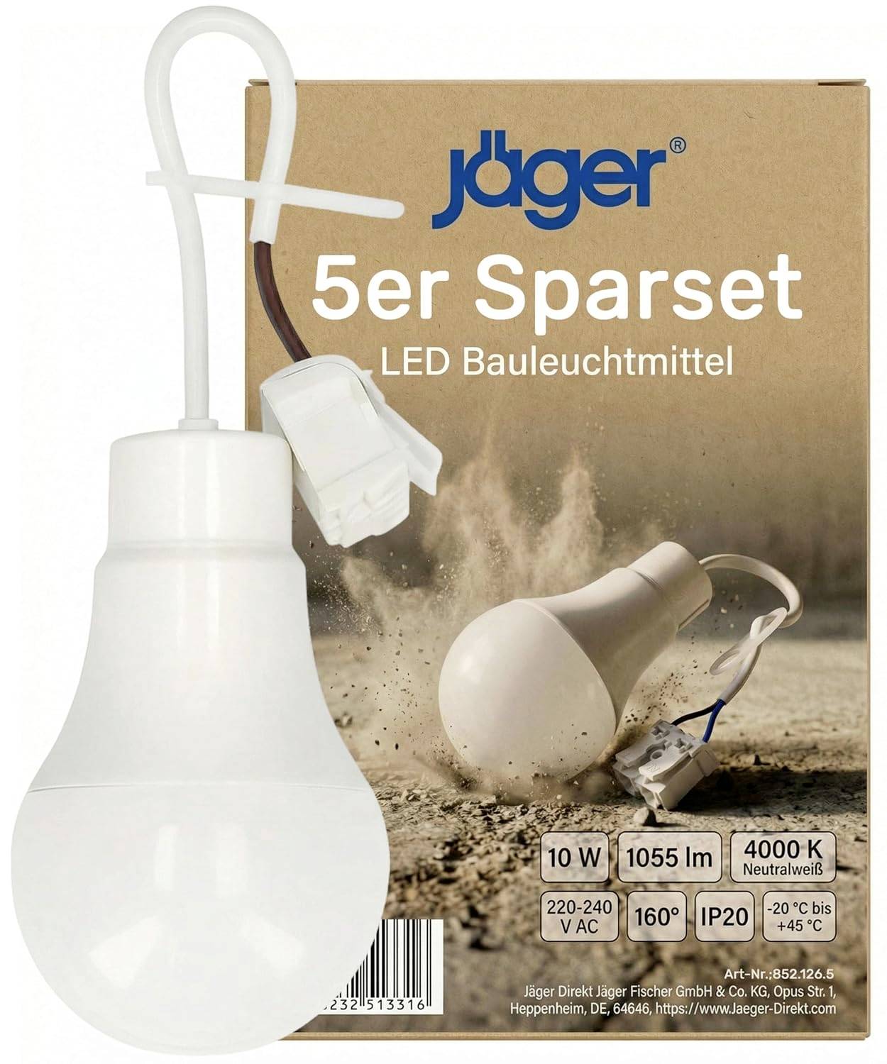 Jäger 5er-Set LED-Lampenverpackung mit einer weißen Lampe und Adapter, mit Beschriftungen für 10 W, 1055 lm, 4000 K, 160° Abstrahlwinkel und IP20.