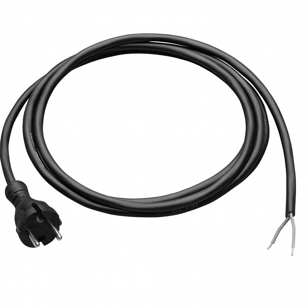 Schwarzes Stromkabel mit Stecker an einem Ende und abisolierten Drahtleitern am anderen Ende, aufgerollt auf weißem Hintergrund.