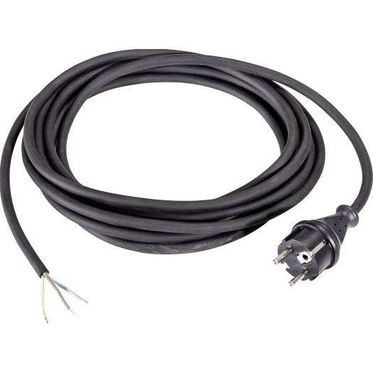 Schwarzes Stromkabel mit europäischem Stecker und freiliegenden Drahtenden für elektrische Verbindung.