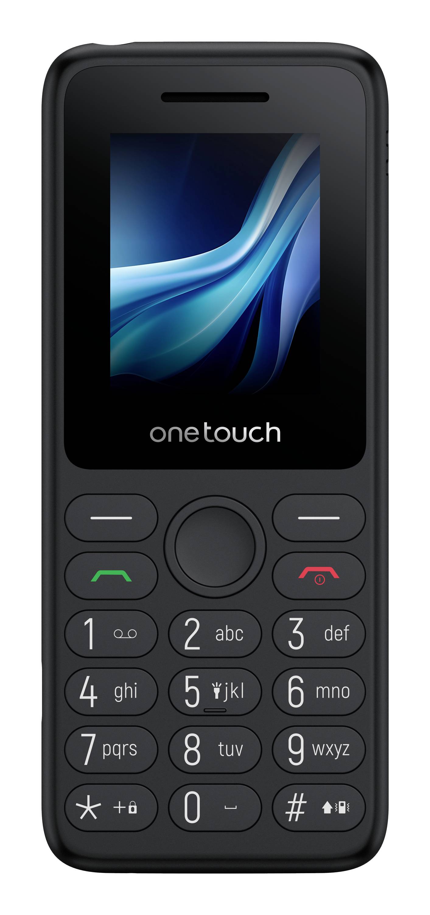 Vorderansicht eines schwarzen Alcatel OneTouch Feature Phones mit kleinem Display, zentraler Navigationstaste und physischer Tastatur mit Anruf- und Beendigungs-Tasten.