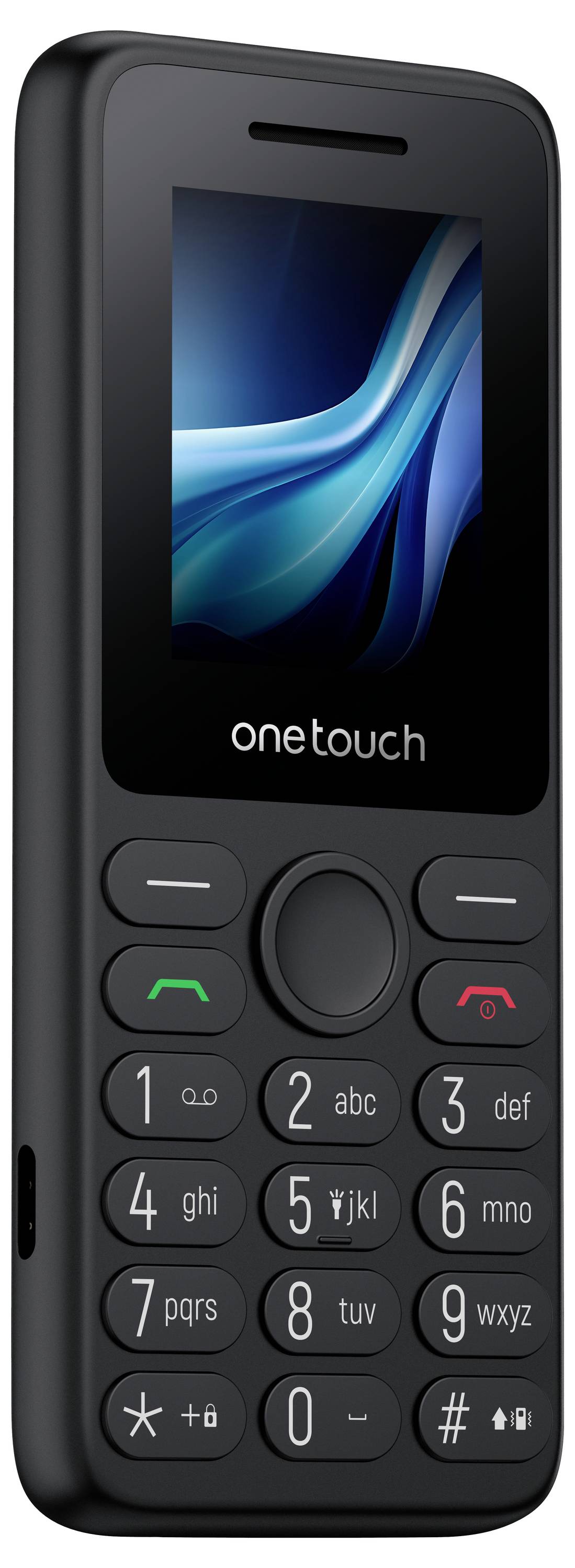 Ein schwarzes OneTouch-Tastentelefon mit Farbdisplay, zentraler Navigationstaste, Anrufen/Beenden-Tasten und numerischer Tastatur.