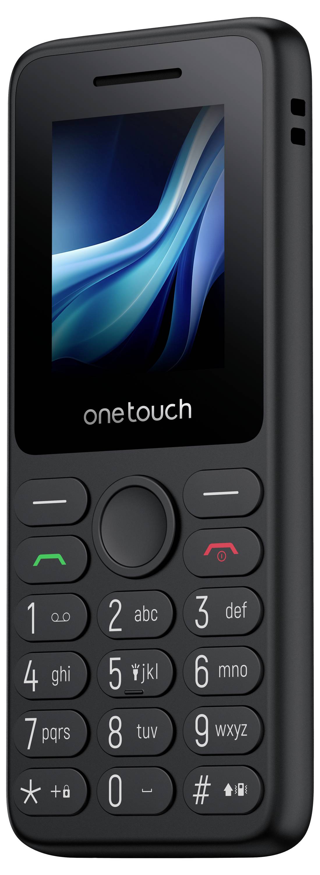 Schwarzes Alcatel OneTouch Feature Phone mit eingeschaltetem Bildschirm und physischer Tastatur, dargestellt in Vorderansicht.