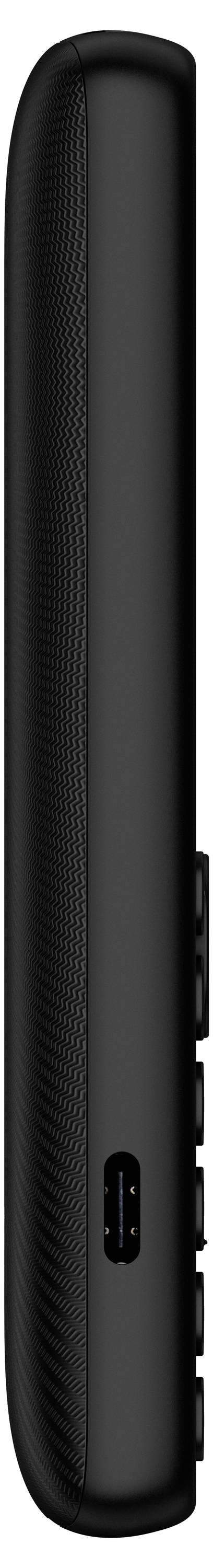 Schwarzes vertikal ausgerichtetes elektronisches Gerät von der Seite gezeigt, mit strukturierter Rückseite, USB-C-Anschluss in der Nähe des unteren Endes und Seitentasten an der rechten Kante.