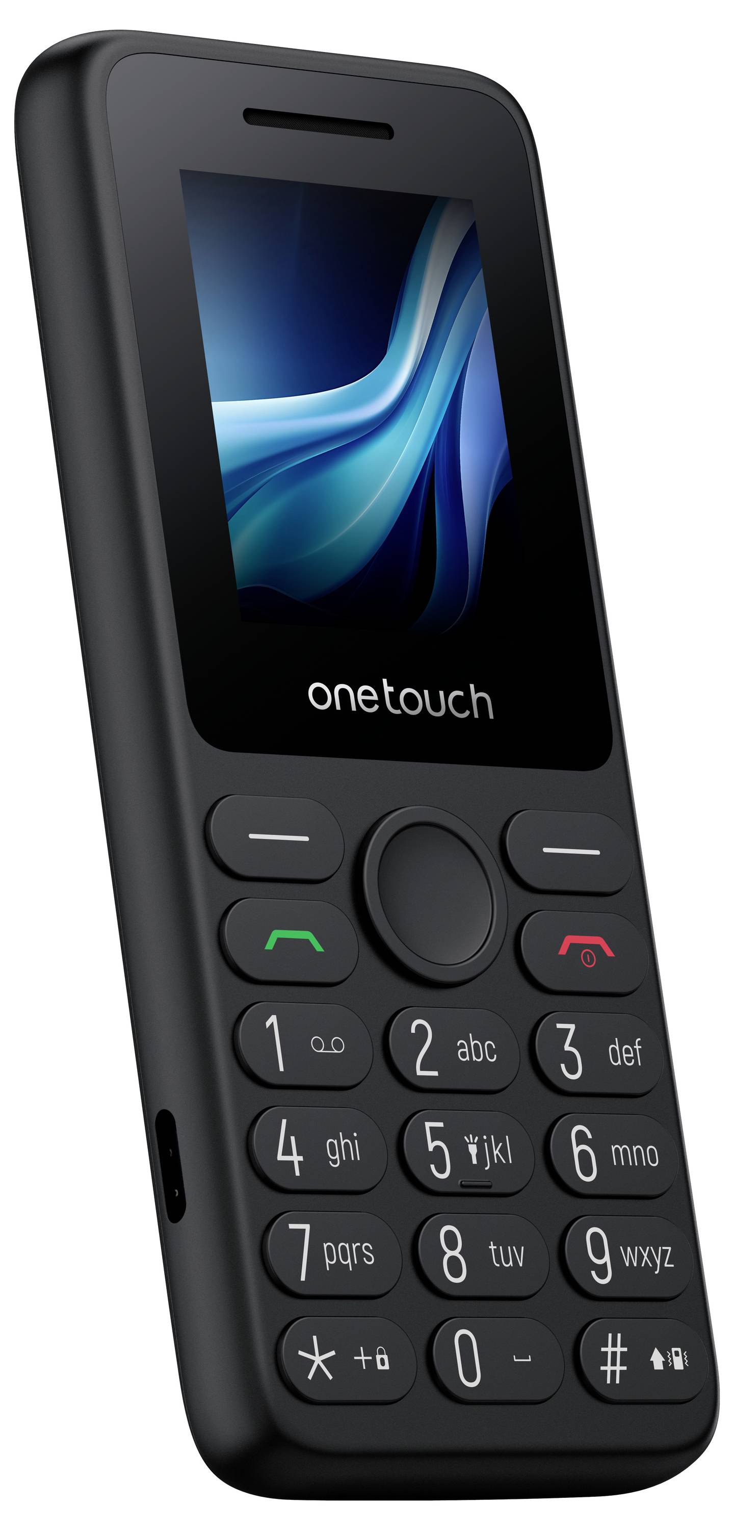 Schwarzes Alcatel OneTouch Handy in Frontansicht mit eingeschaltetem Display und sichtbarer Tastatur.