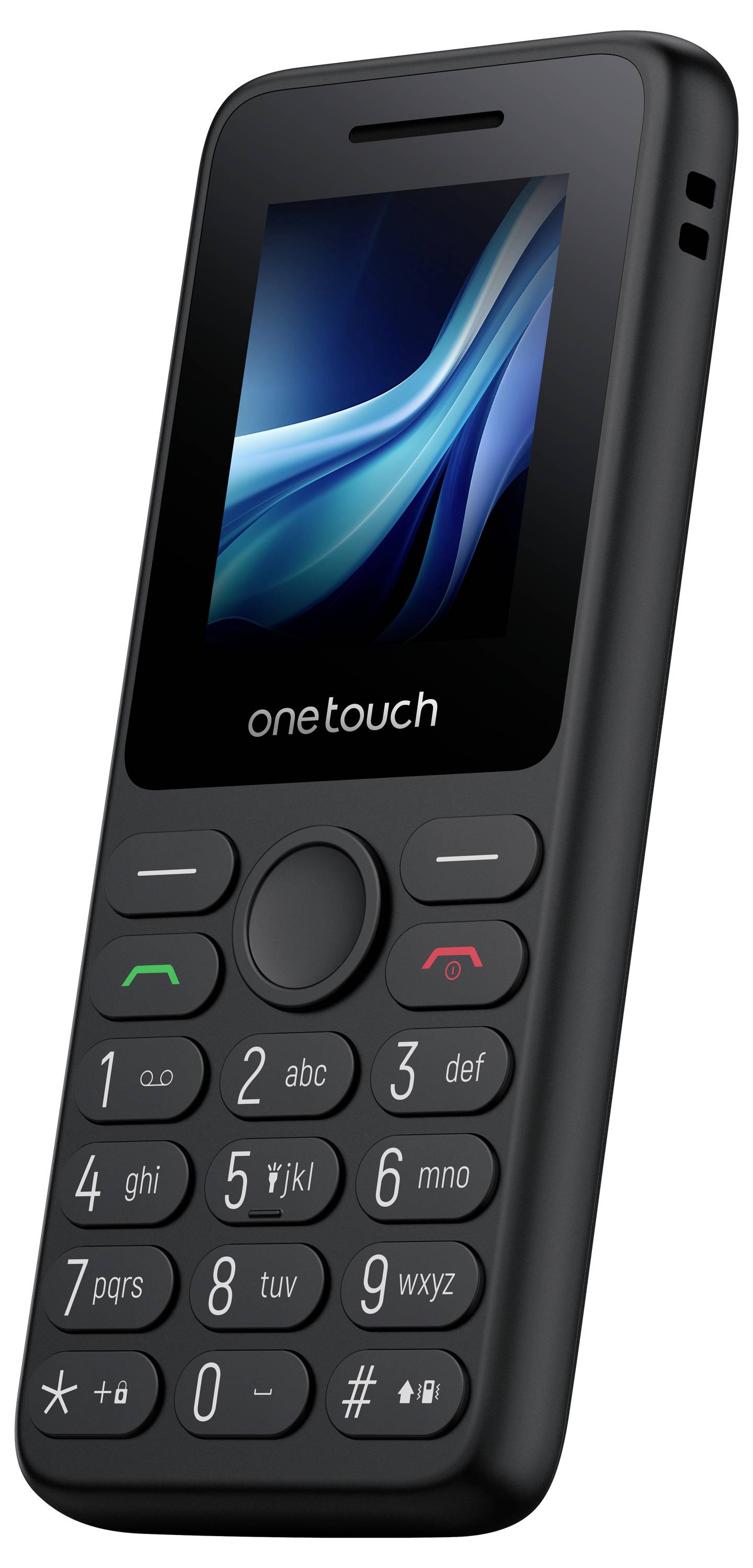 Schwarzes Alcatel 'onetouch' Feature-Phone, Frontansicht mit Bildschirm, Tastatur, Anruf-/Beendigungstasten und Navigationspad.