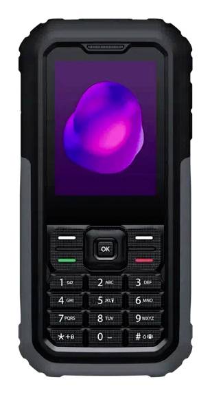 Robustes schwarzes Feature-Phone mit kleinem Farbdisplay und physischer Tastatur, Frontansicht auf weißem Hintergrund.