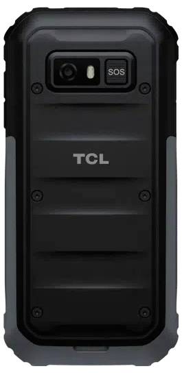 Schwarzes robustes TCL-Mobiltelefon mit Rückseite-Kamera, Blitzlicht und SOS-Taste.