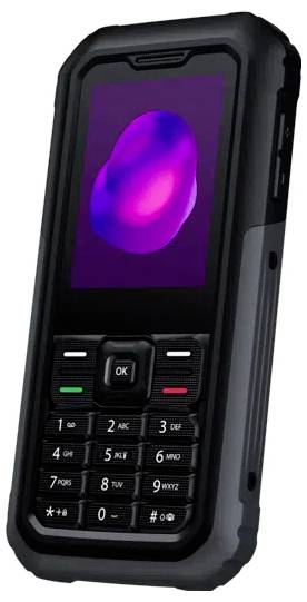 Robustes schwarzes Mobiltelefon mit Tastatur und kleinem Farbbildschirm, auf dem ein abstraktes lila-rosa Bild angezeigt wird.