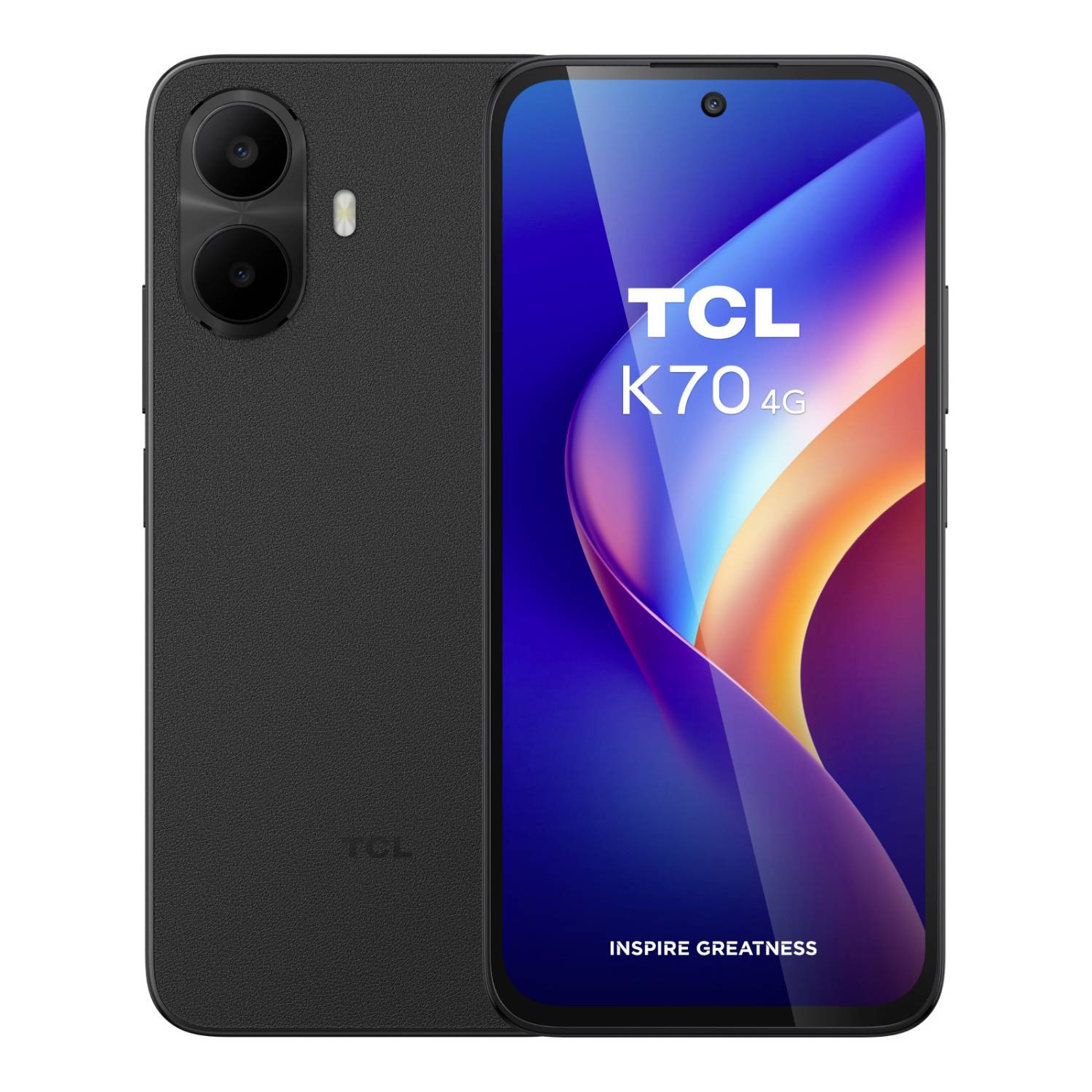 Schwarzes TCL K70 4G-Smartphone in Vorder- und Rückansicht, mit Dualkamerasystem auf der Rückseite und einem Display, das „TCL K70 4G