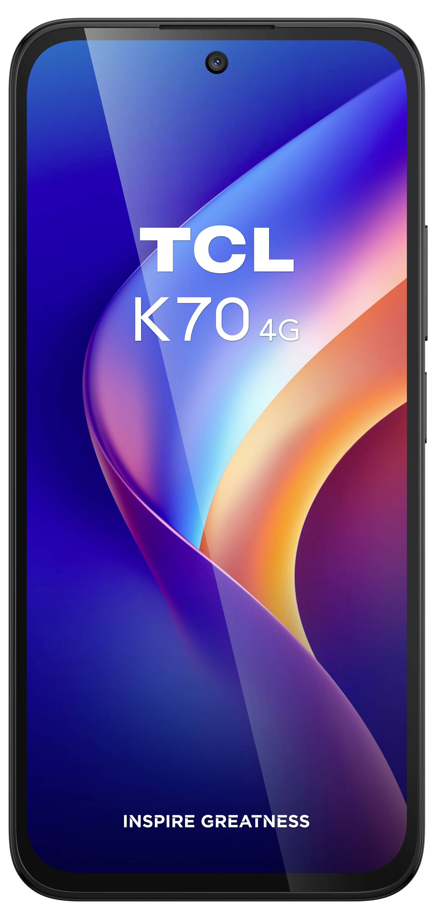 Frontansicht eines TCL K70 4G Smartphones mit einem farbenfrohen abstrakten Hintergrund und dem Text 