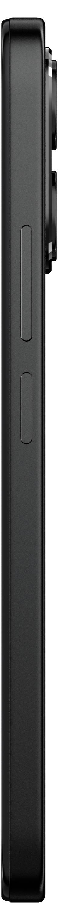 Seitenansicht eines schwarzen Smartphones mit schlankem Profil, Seitentasten und erhöhtem Kamera-Modul auf der Rückseite.