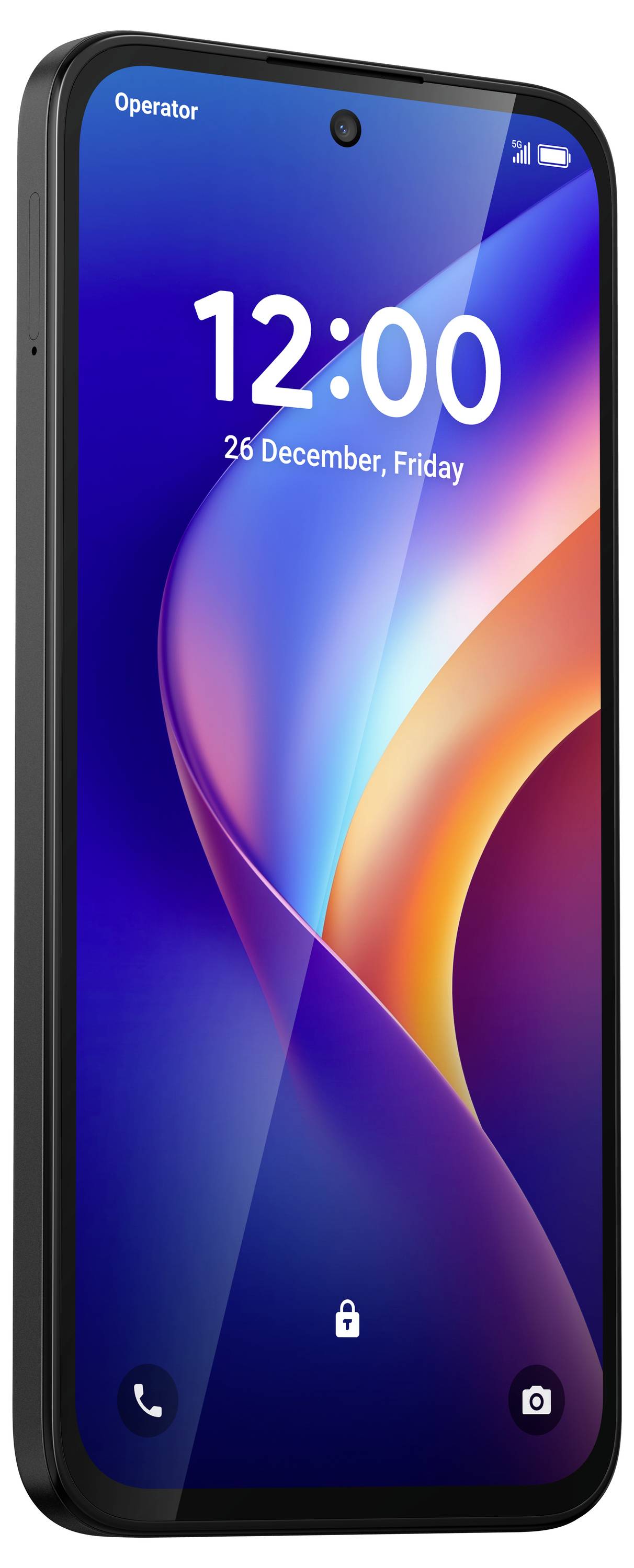 Schwarzes Smartphone gezeigt auf seinem Sperrbildschirm, das 12:00 und 