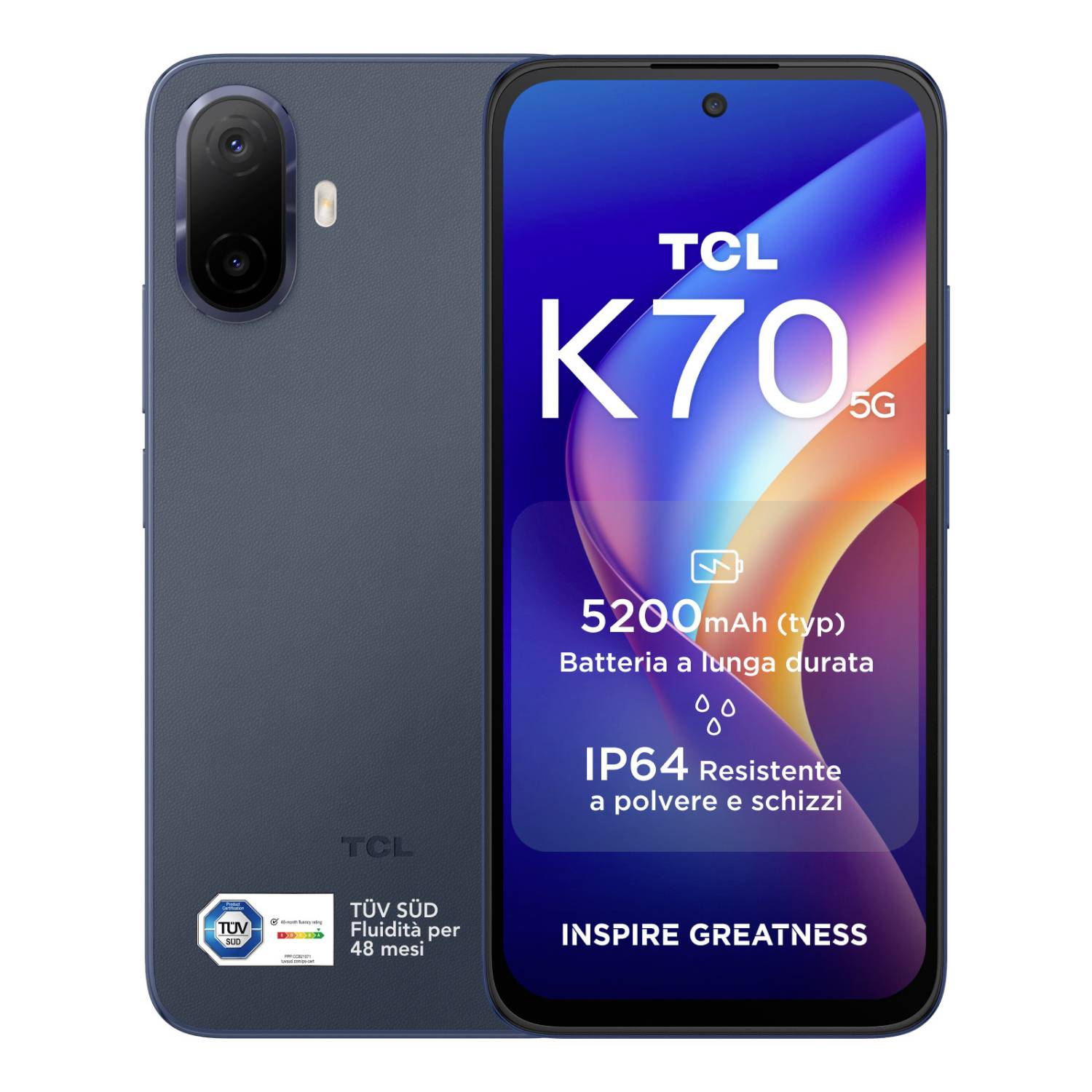 TCL K70 5G Smartphone von vorne und hinten gezeigt, mit Hervorhebung des 5200-mAh-Akkus, IP64-Widerstandsfähigkeit und dem Text „INSPIRE GREATNESS